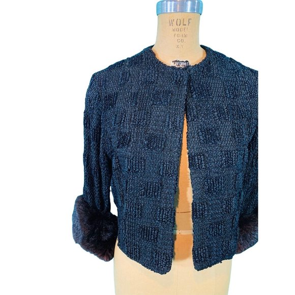 Vintage 50s Black Jacket Womens Small Ribbon Top Black Brown Fur Evening Top - Picture 4 of 10